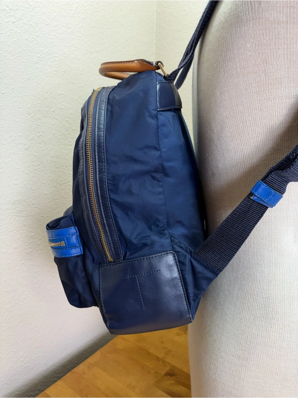 Tory Burch Perry Nylon Small Backpack Navy Blue Leather Trim Travel Bag Handbag